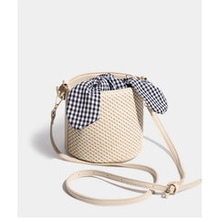 Summer Female Leather Knot Straw Bag Bucket Shoulder Handbag