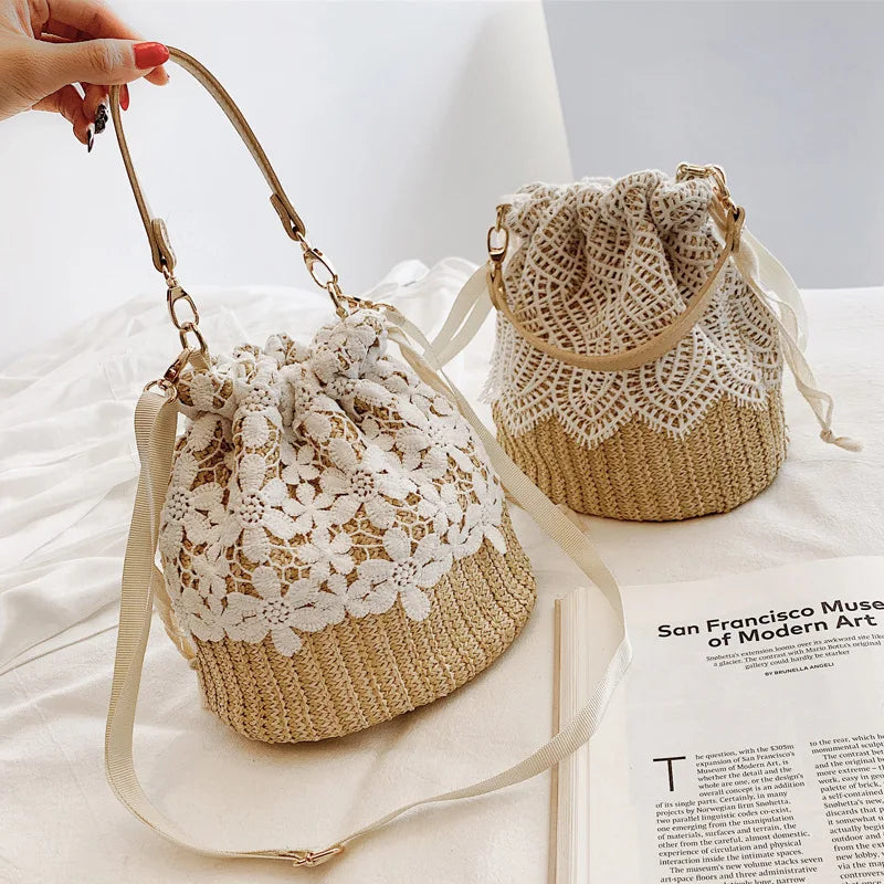 Summer Straw Lace Bucket Beach Shoulder Bag