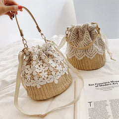 Summer Straw Lace Bucket Beach Shoulder Bag