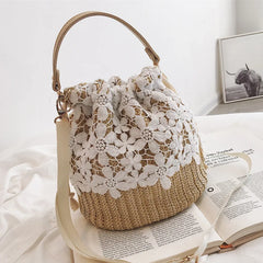Summer Straw Lace Bucket Beach Shoulder Bag