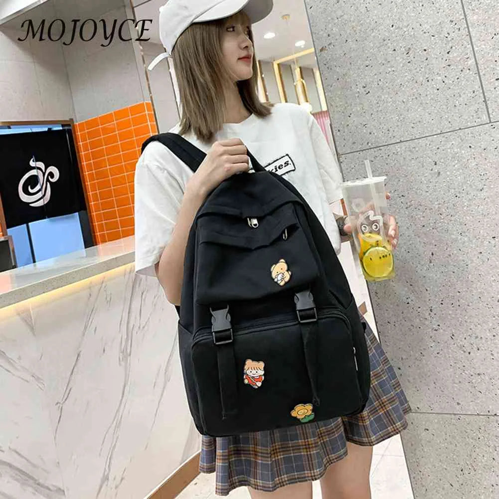 Canvas Backpack Solid Badges Zip Open Pocket Large Capacity