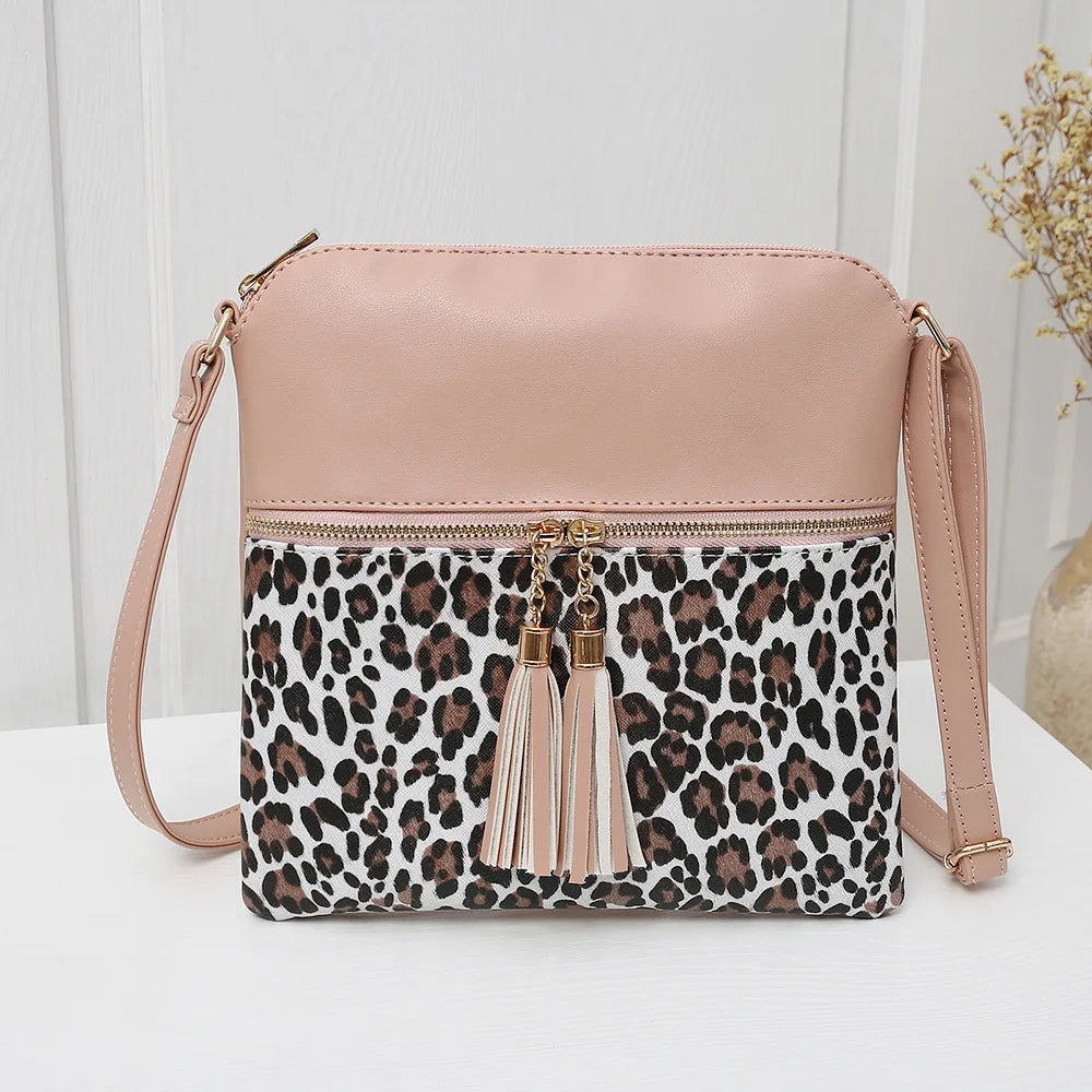Leopard Patchwork Crossbody Bag Tassel Shoulder Handbag Satchel