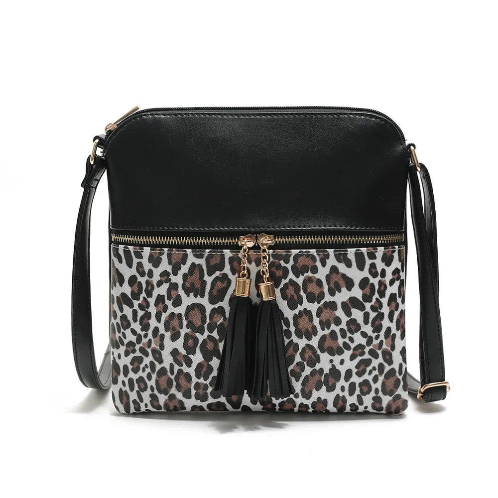 Leopard Patchwork Crossbody Bag Tassel Shoulder Handbag Satchel