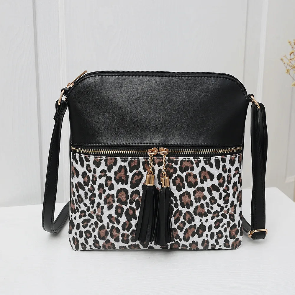 Leopard Patchwork Crossbody Bag Tassel Shoulder Handbag Satchel