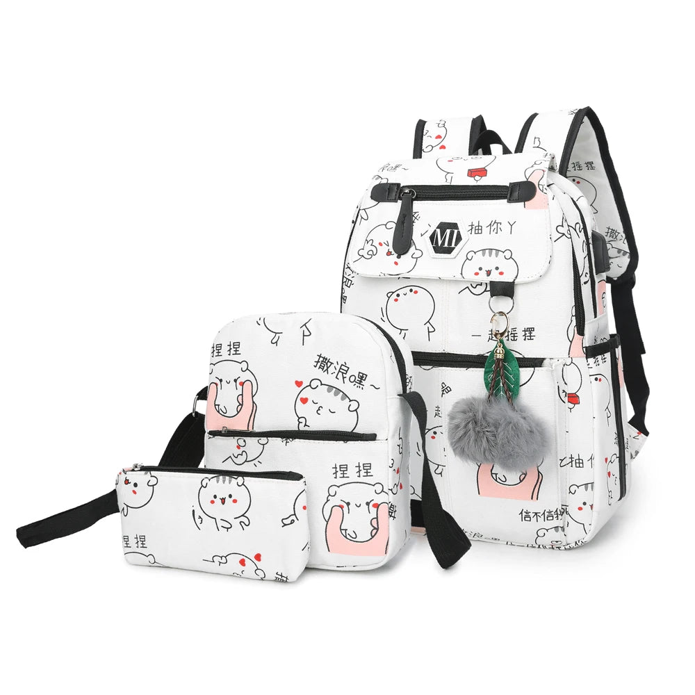 USB Charging Canvas Backpack 3 Pcs/set Women School Backpacks Schoolbag