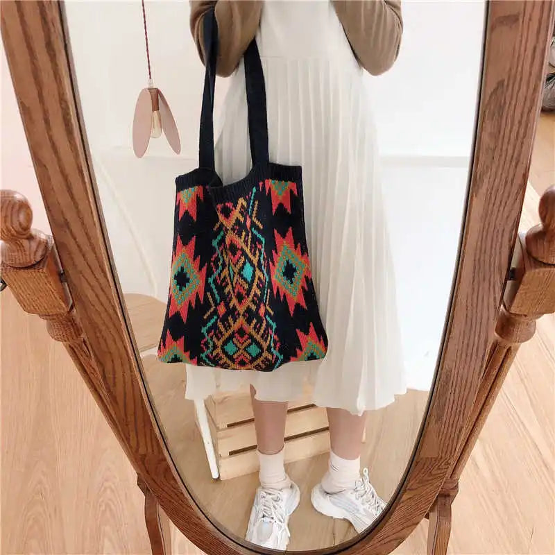 Boho Retro Pattern Crochet Tote Bag for Women