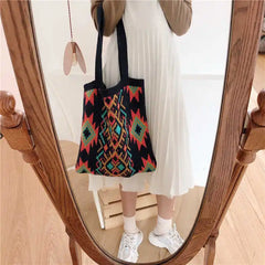 Boho Retro Pattern Crochet Tote Bag for Women