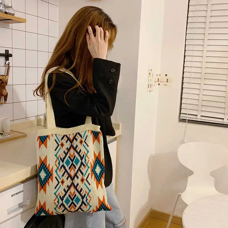 Boho Retro Pattern Crochet Tote Bag for Women