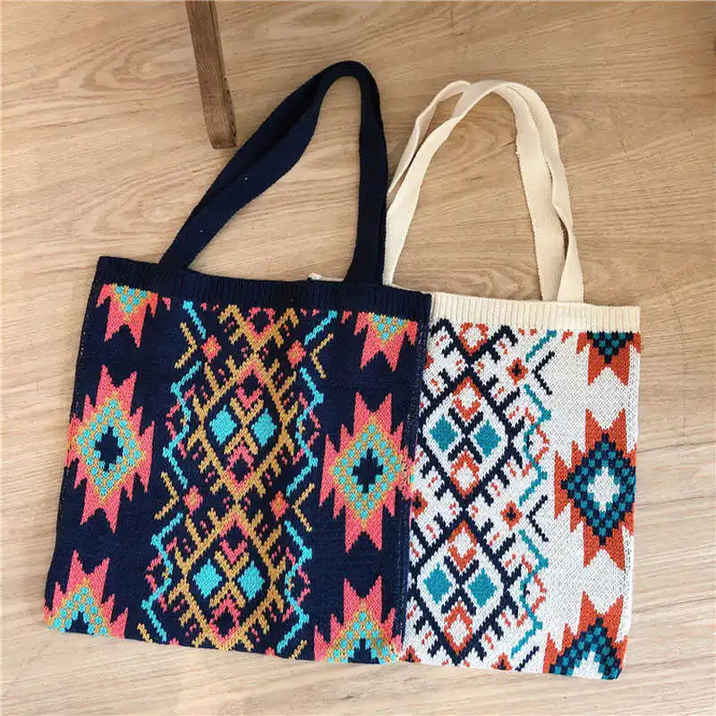 Boho Retro Pattern Crochet Tote Bag for Women