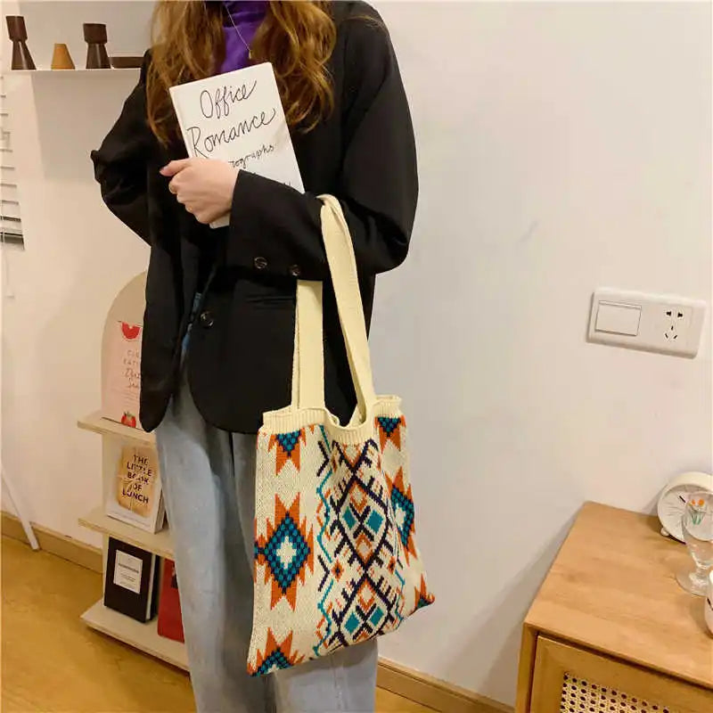 Boho Retro Pattern Crochet Tote Bag for Women