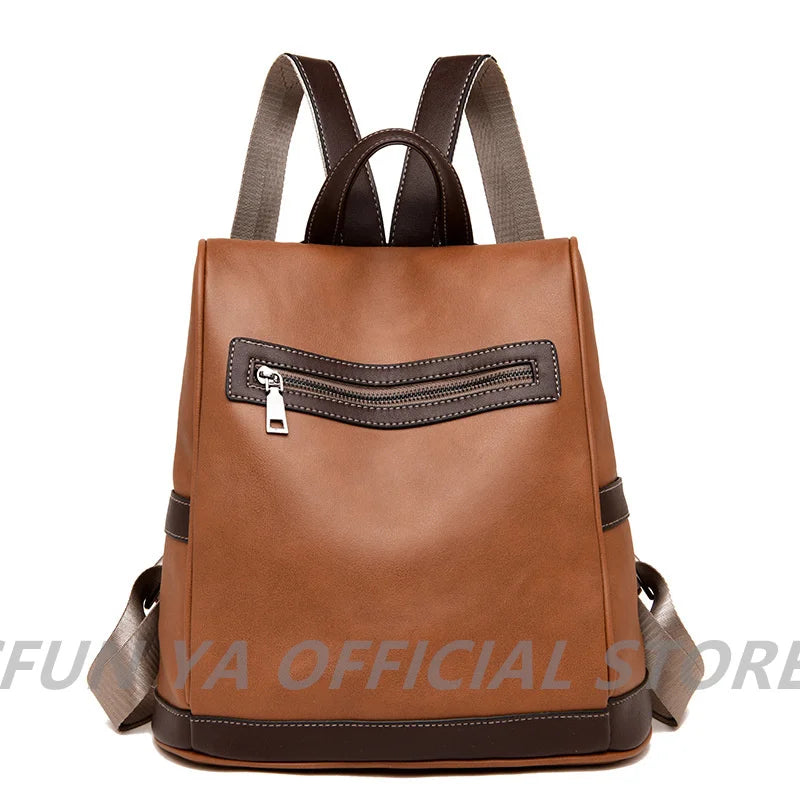 Women Backpack PU Leather Brown Anti-theft Ladies Backpacks School Bag