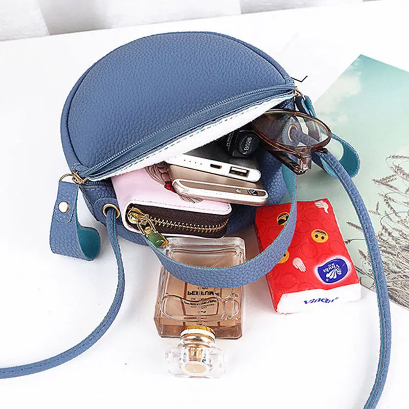 Women Round Leather Bag Circular Shoulder Crossbody Purses