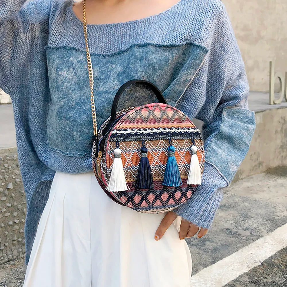 Round Rattan Woven Beach Shoulder Bag