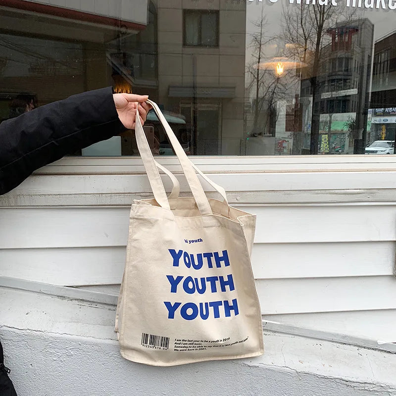 YOUTH Letters Print Women Canvas Shopping Bag Cotton Cloth Shoulder Bag