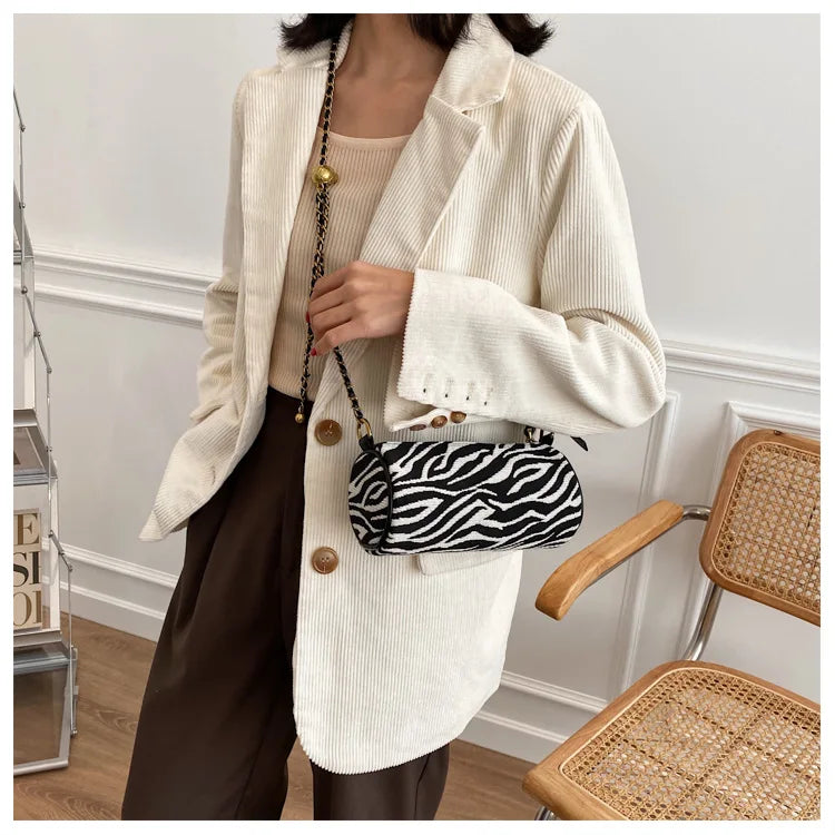 Zebra-Stripe Rhombus Pattern Crossbody Bag Women Ladies Chain Shoulder Handbag