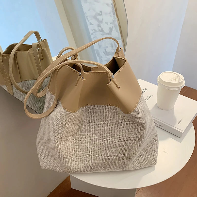 Linen Bucket Bag Shoulder Handbag Large Capacity Wallet