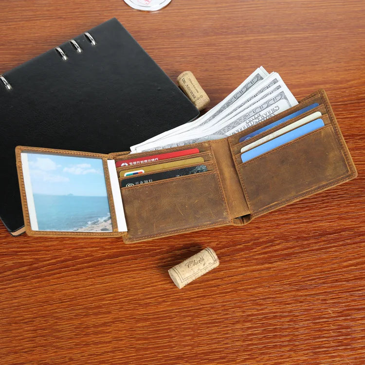 RFID Crazy Horse Men Leather Wallet Short Laser Customization