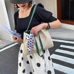 One-Shoulder Straw Woven Beach Bag Large Capacity Bucket Bag
