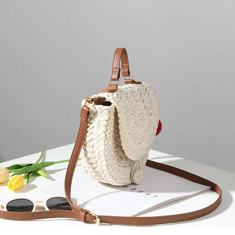 Straw Saddle Bag with Fur Ball One-Shoulder Portable Woven Bag
