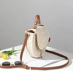 Straw Saddle Bag with Fur Ball One-Shoulder Portable Woven Bag