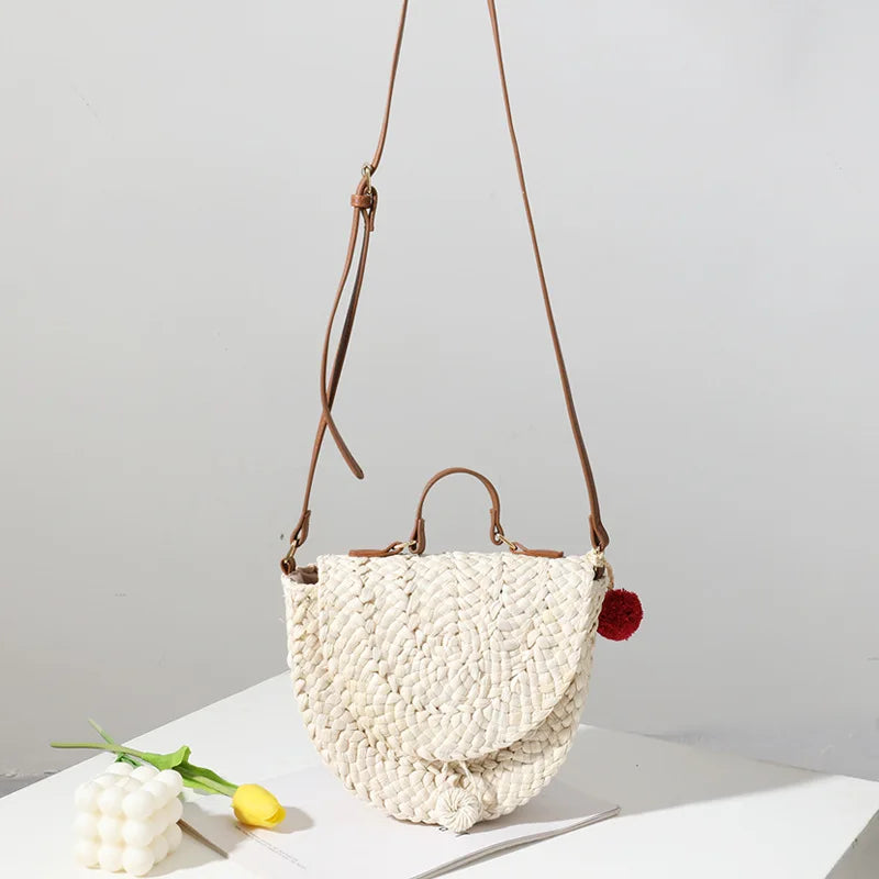 Straw Saddle Bag with Fur Ball One-Shoulder Portable Woven Bag