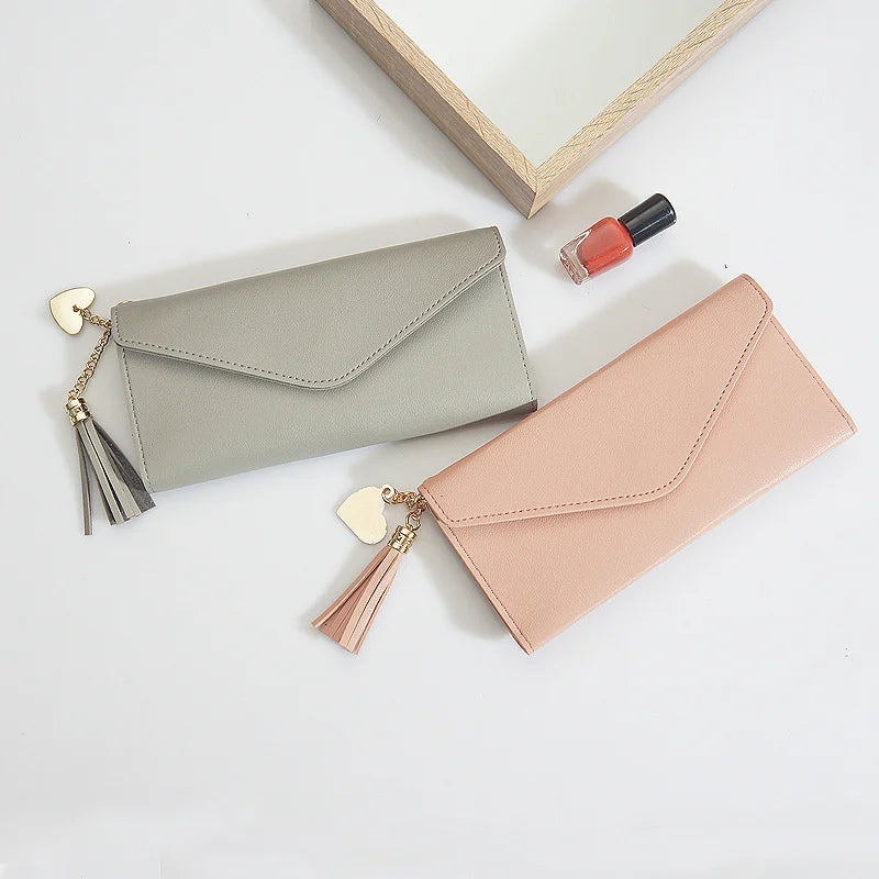 Long Student Wallet with Love Pendant Tassel Buckle