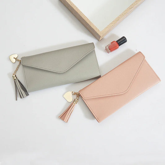 Long Student Wallet with Love Pendant Tassel Buckle