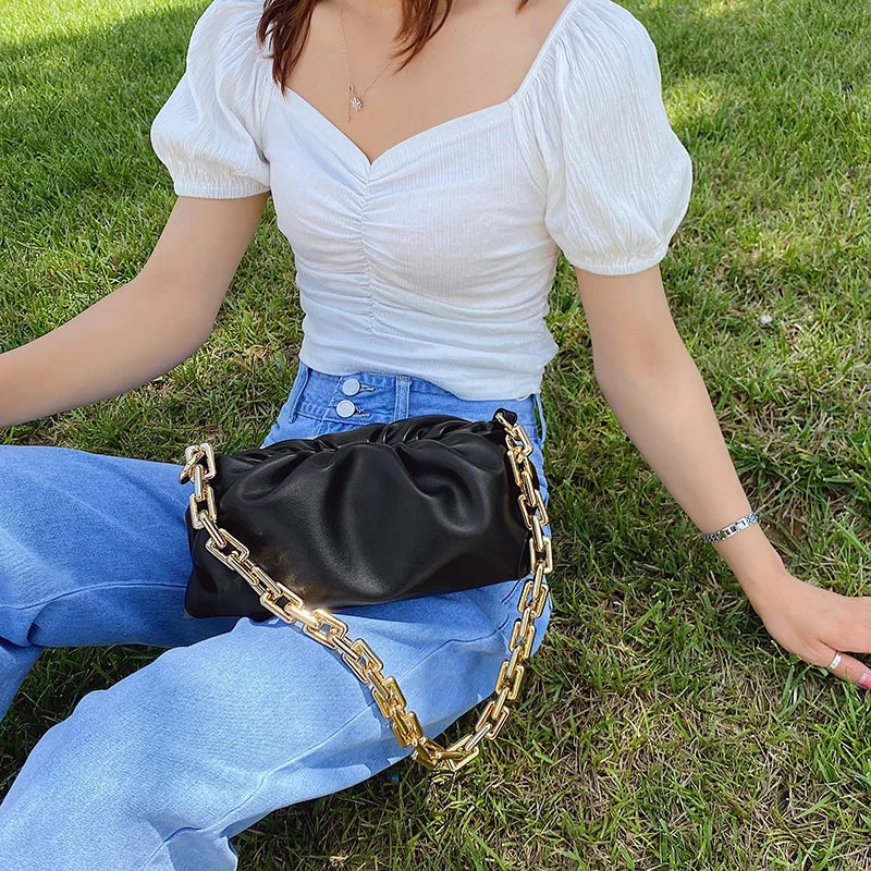 Pleated Messenger Bag with Thick Chain Clip Cloud Design