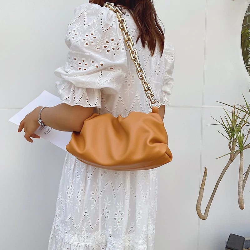 Pleated Messenger Bag with Thick Chain Clip Cloud Design
