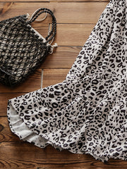  Leopard Print Cold Shoulder Round Neck Smock Dress