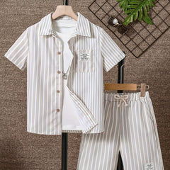 2pcs Boys Casual Stripe Shirt & Shorts Set Summer Kids Clothing