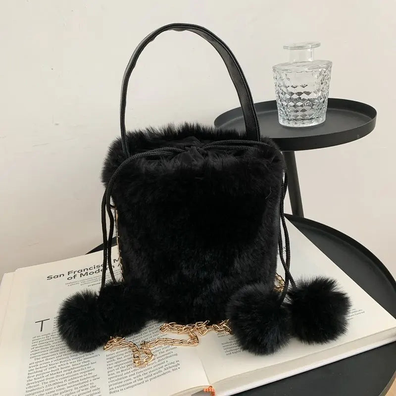 Plush Women's Drawstring Bucket Bag Anti-theft Hair Ball Handbag