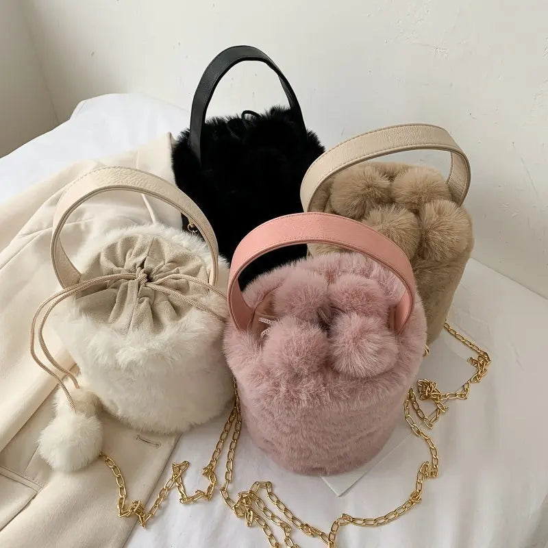 Plush Women's Drawstring Bucket Bag Anti-theft Hair Ball Handbag