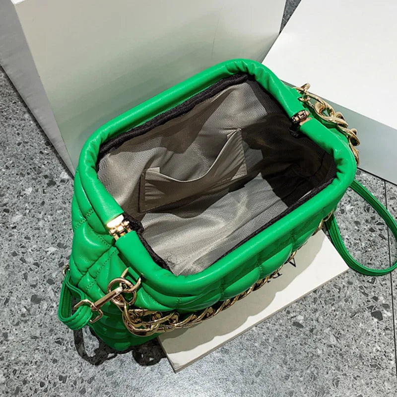 Thick Chain Handbag And Purses Yellow Green Pleated Shoulder Bags