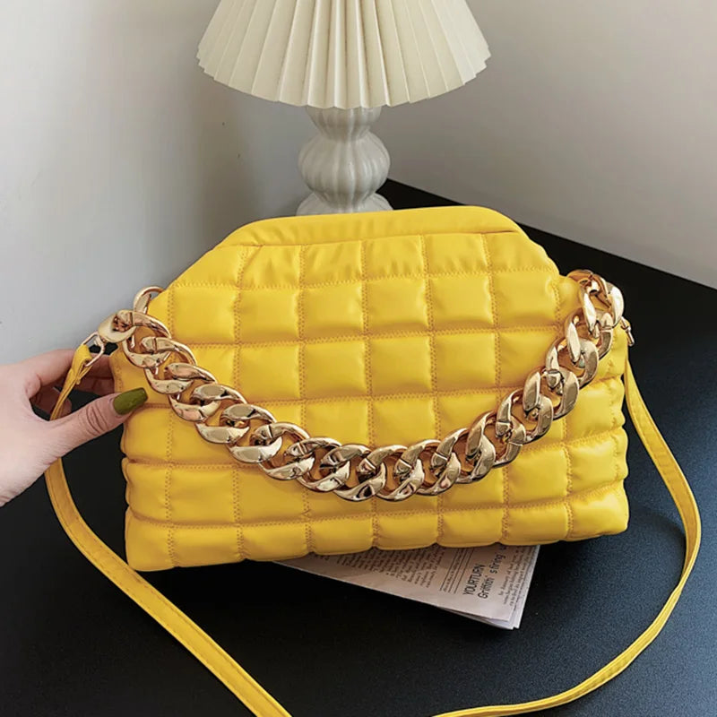 Thick Chain Handbag And Purses Yellow Green Pleated Shoulder Bags