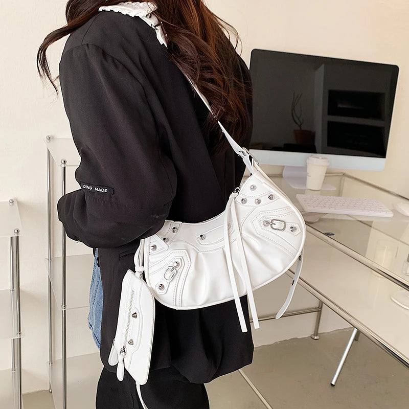 Half Moon Punk Shoulder Bag Rivets Crossbody