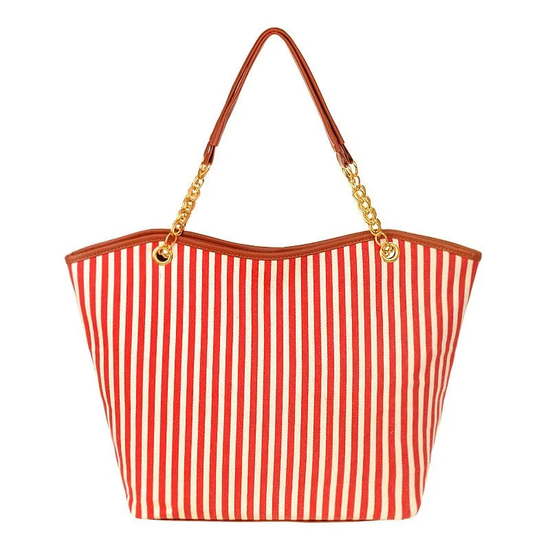 Canvas Striped Women's Bag with Tassel Chain