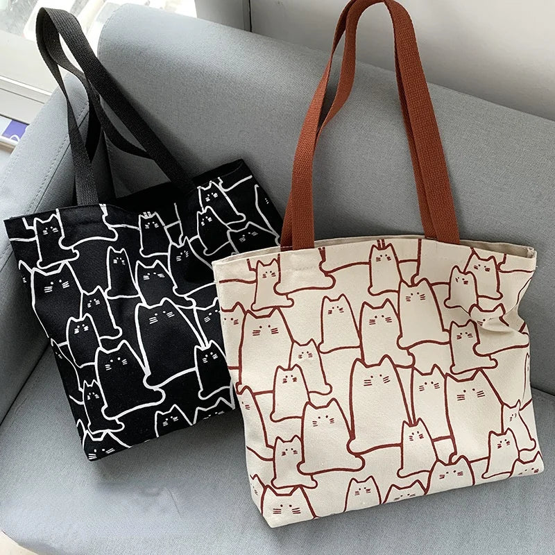 Cartoon Cats Canvas Shopper Tote Bag Eco Shoulder Bag