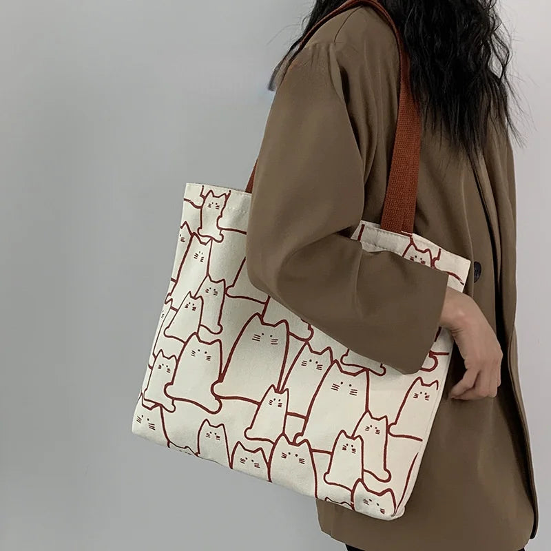 Japanese Style Handbag for Women Shopper Tote Bag with Cartoon Cats