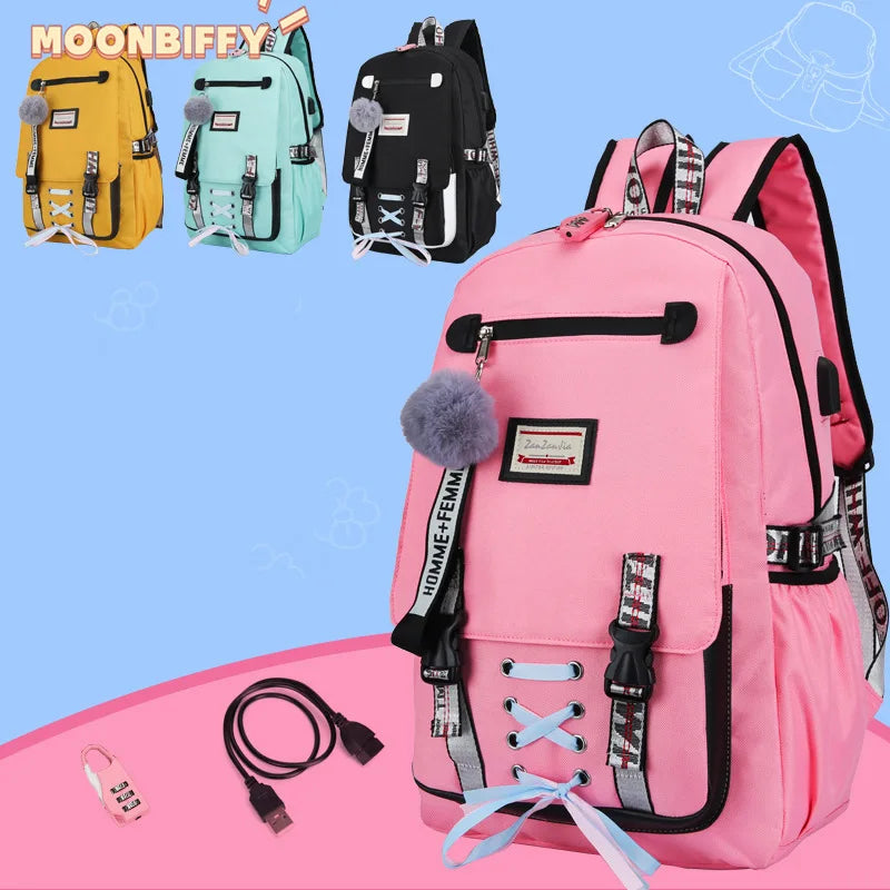 Casual School Bag Girls Women Backpack USB Charging Schoolbag