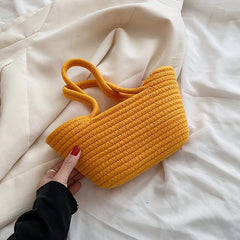 Casual Solid Woven Bag Small Tote Straw Bag Beach Vacation Travel