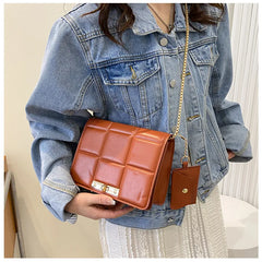 Quilted Plaid Flap Bag PU Leather Shoulder Chain Crossbody Purse