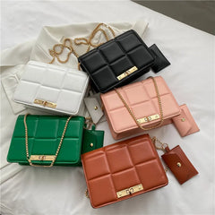 Quilted Plaid Flap Bag PU Leather Shoulder Chain Crossbody Purse