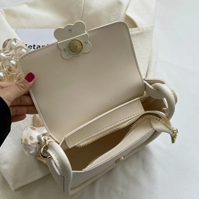 Women's Chain Shoulder Bag Small Flap Handbag with Silk Scarf Messenger Bag
