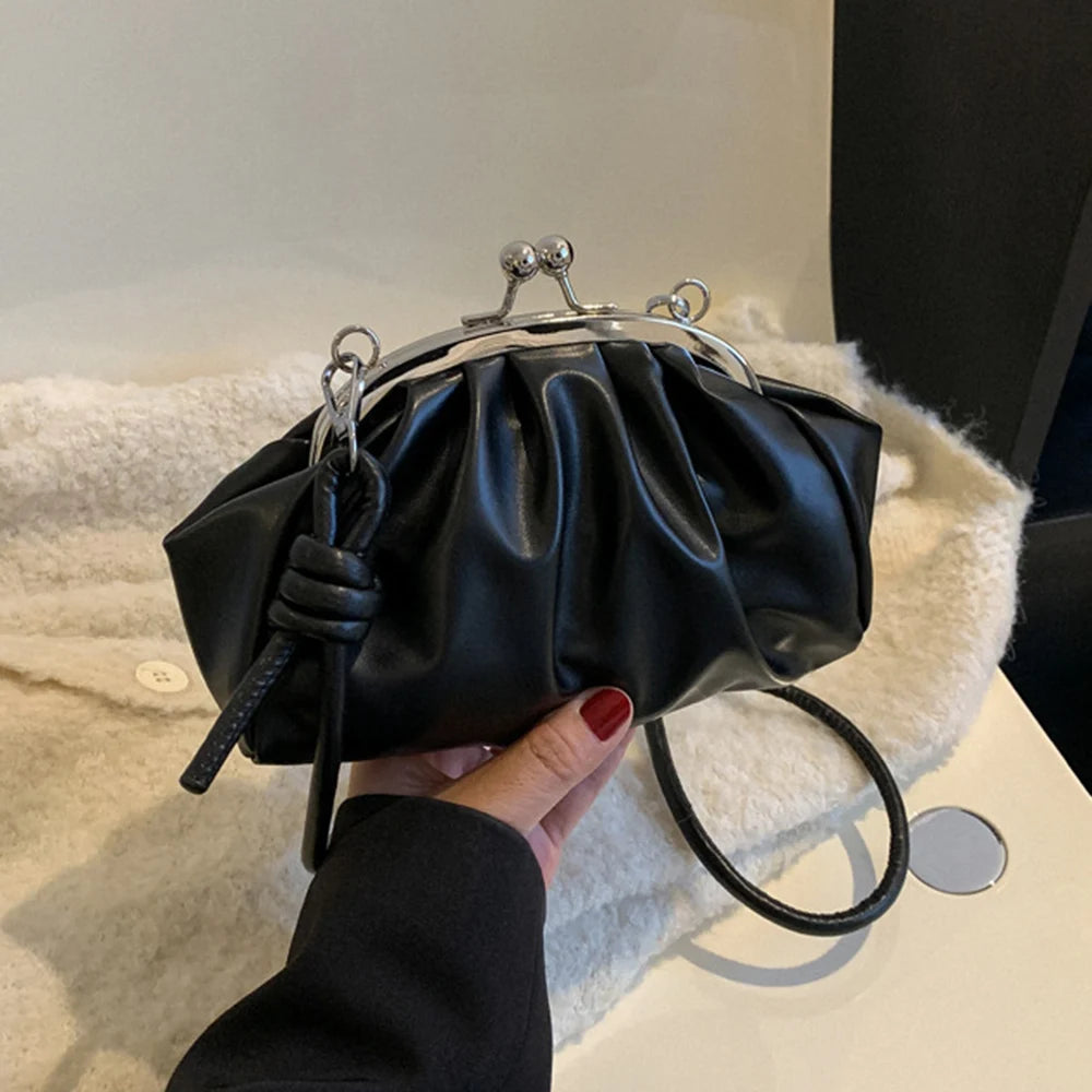 Cloud Shoulder Bags For Female Pleated Clip Soft Leather Crossbody Bags