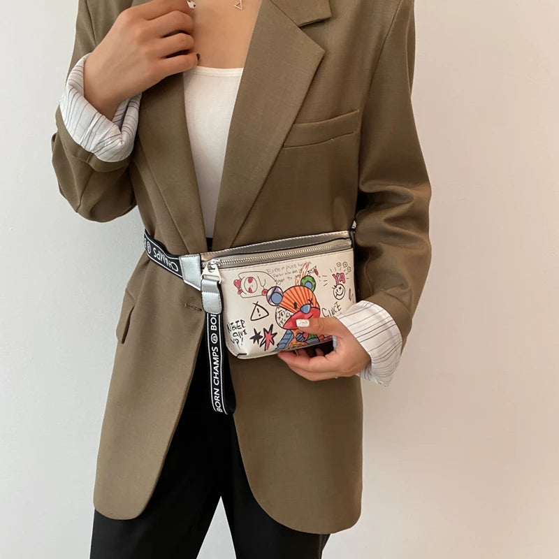Women's Bear Pattern Leather Waist Bag Travel Fanny Pack