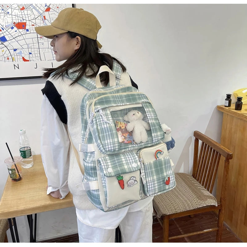 Waterproof Grid Backpack Women Candy Colors Student Backpacks