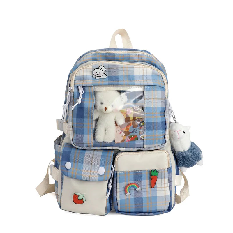 Waterproof Grid Backpack Women Candy Colors Student Backpacks