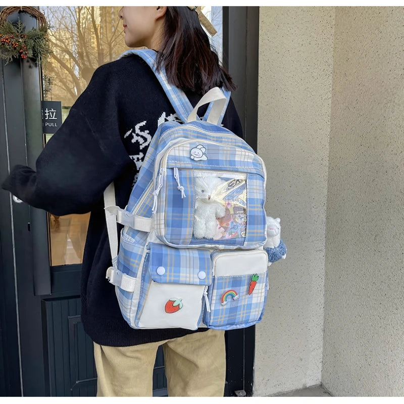 Waterproof Grid Backpack Women Candy Colors Student Backpacks