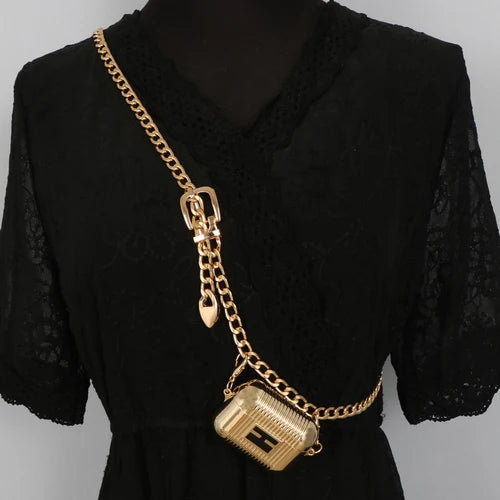 Metal Chain Waist Belt with Letter Bag Box Women European Ins Mini Fanny Packs